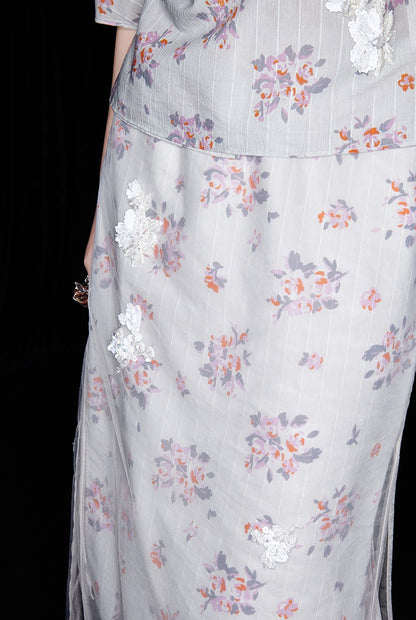 M essential Ma Kay designer Jinghe printed fabric floral nail beads top - JULY.