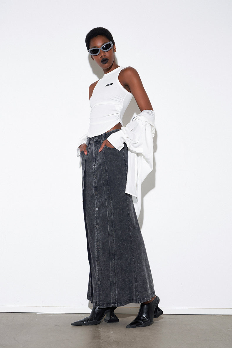 ANNAKIK autumn niche designer gray black two-piece denim skirt-NAYUTA