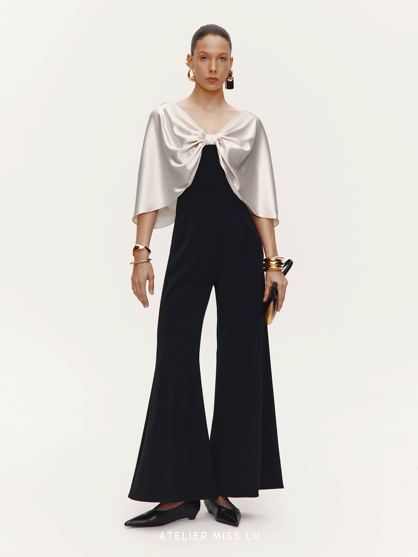 ATELIER MISS LU  Glossy Shawl Spliced Wide-leg Jumpsuit - WARM
