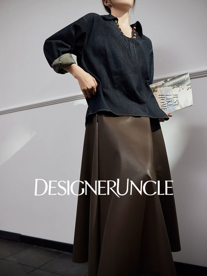 DGU "Fog Shadow" Denim New Retro Velvet Loose Slimming Commuter Top - SENT.