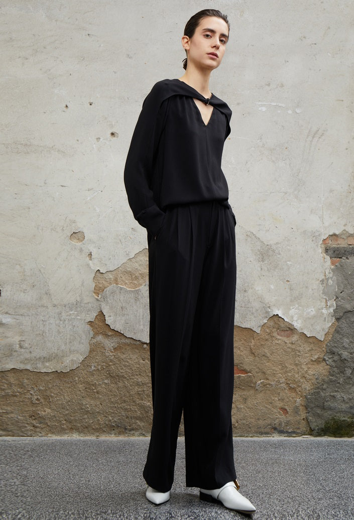 COMME MOI Designer Lu Yan Black Acetate Cutout Design Kink Pleated Shirt - LAINEY.