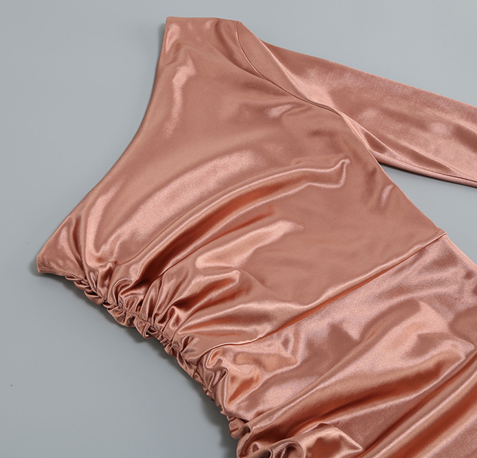 DOLLY Elegant Peach French Style Slopping Shoulder Long Sleeve Dinner Dress-ESME