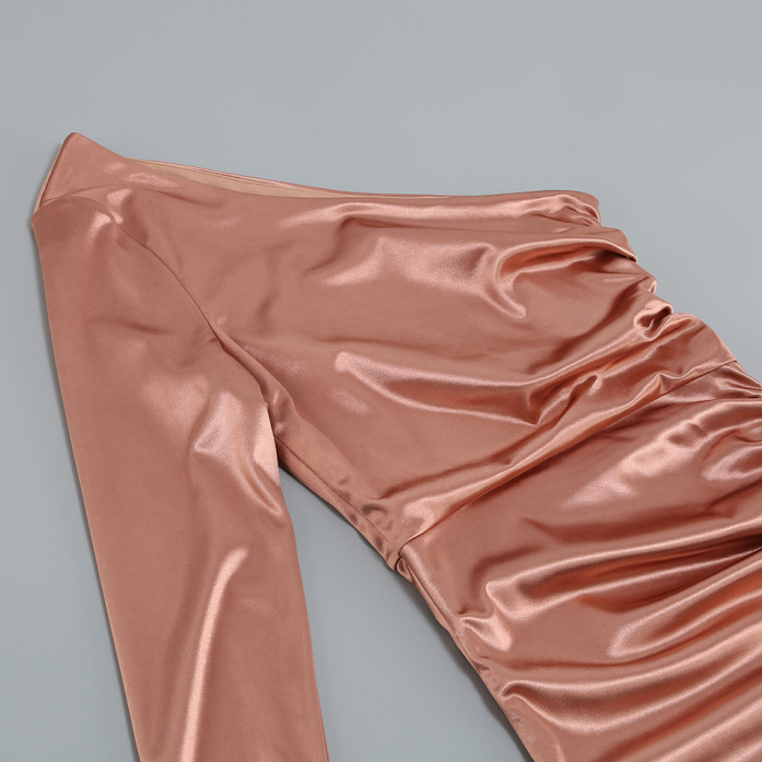 DOLLY Elegant Peach French Style Slopping Shoulder Long Sleeve Dinner Dress-ESME