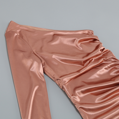 DOLLY Elegant Peach French Style Slopping Shoulder Long Sleeve Dinner Dress-ESME