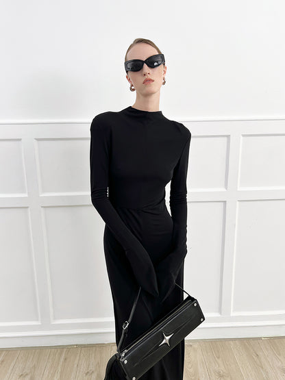 ANNAKIKI high-end acetate black shoulder slim long sleeve dress-CAROLE