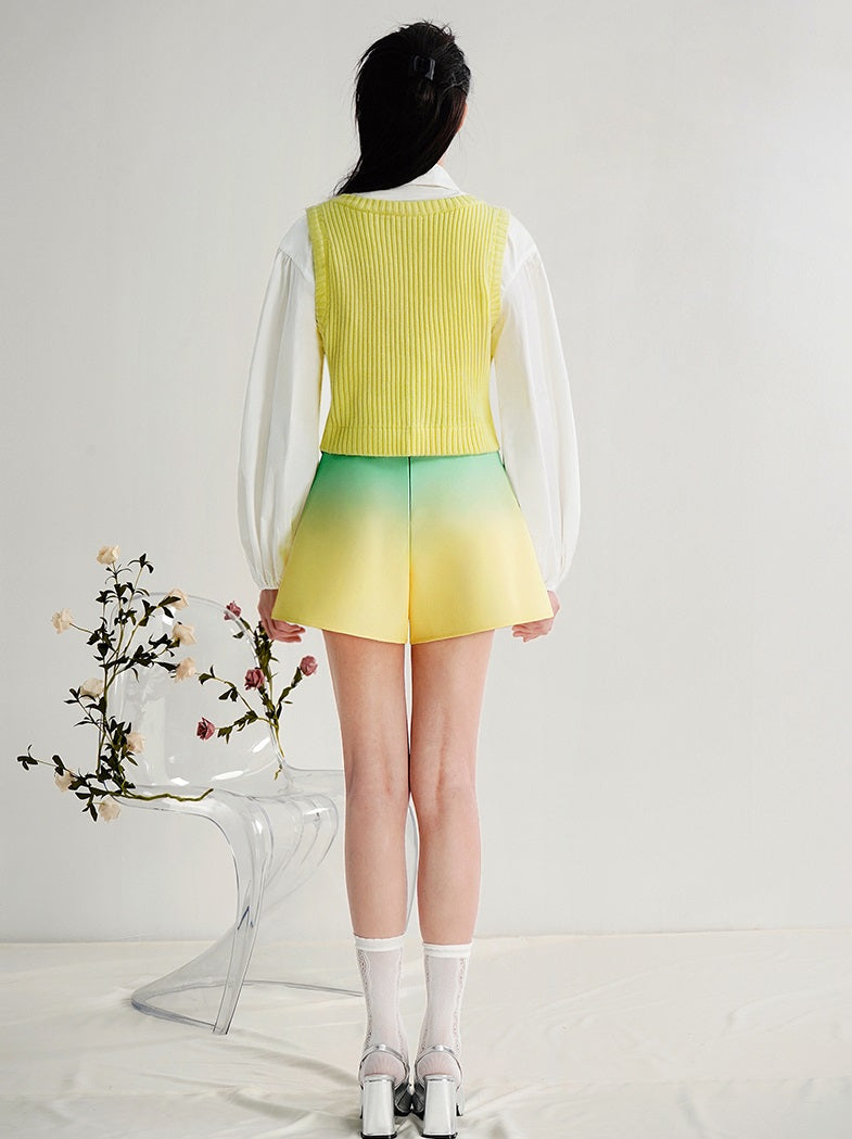 CHECOCRE Balloon Sleeve Shirt With Diamond Vest Gradient Shorts Suit - DESPERADO