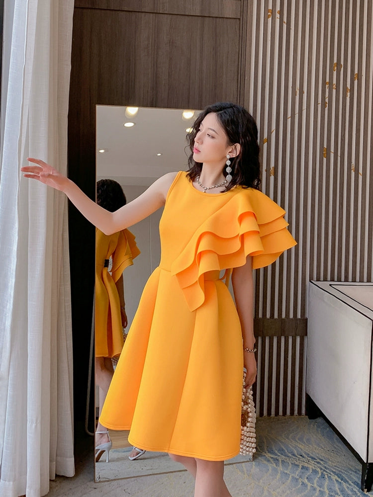 DOLLY Luxury Retro Style Crew Neck One Shoulder Ruffle Sleeves Midi Office Dress-CLAUDI