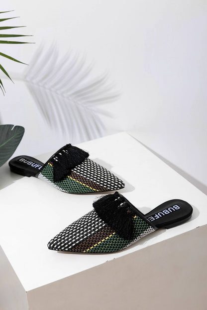 B-FEI  woven black tassel flat mules-DERY.