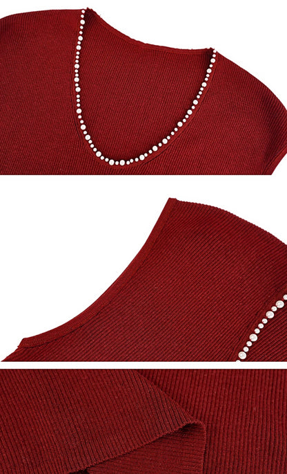 HECO Chinese style U-neck nail bead shoulder wrap small fly sleeve top - ROSE.