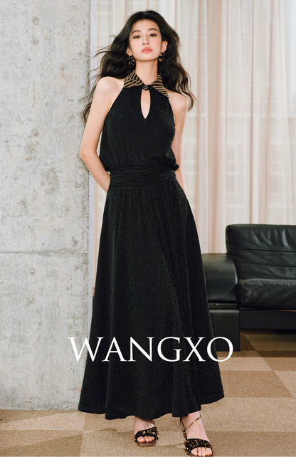 WANGXO | Extravagant Sparkling Meteor Diamond  Metallic Striped Umbrella Hem Sleeveless Dress -ZIVI