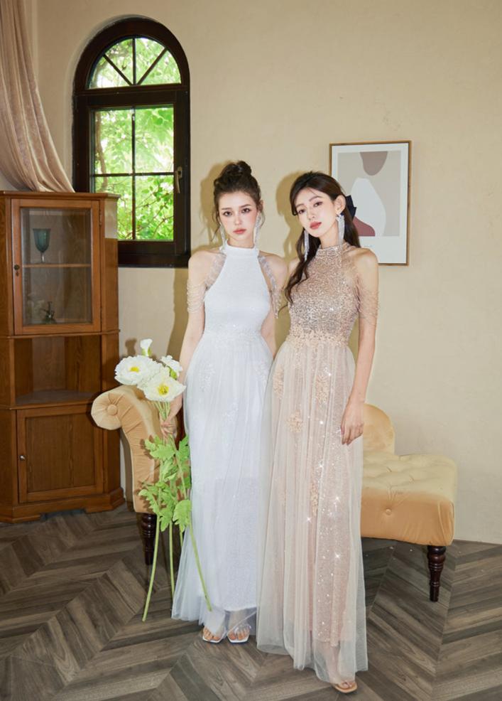 DOLLY Luxury Stand Collar Sleeveless Sequin Glitter Beads Long Nesh Cocktail Dress-SOPHIA