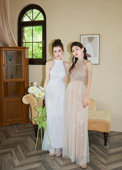 DOLLY Luxury Stand Collar Sleeveless Sequin Glitter Beads Long Nesh Cocktail Dress-SOPHIA