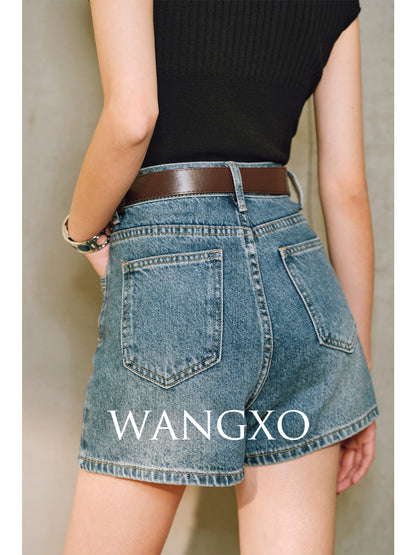 WANGXO |Micro A-Line High-Waisted Lightweight Denim Shorts with Vintage Finish -ZINA