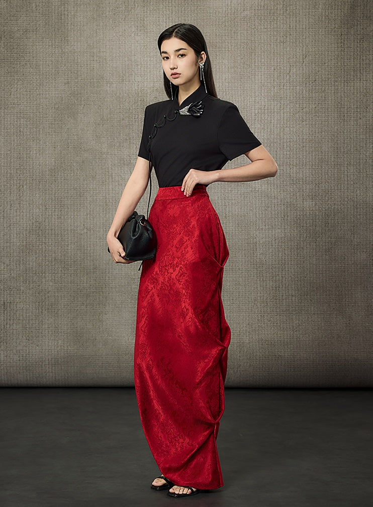 HECO Pleated Long Jacquard Slit Skirt - EAGLE.