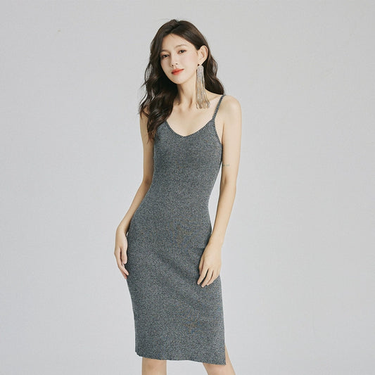DOLLY Luxury Simple V-Neck Sleeveless Slim Fit Knitted Split Hip Date Dress-KELA