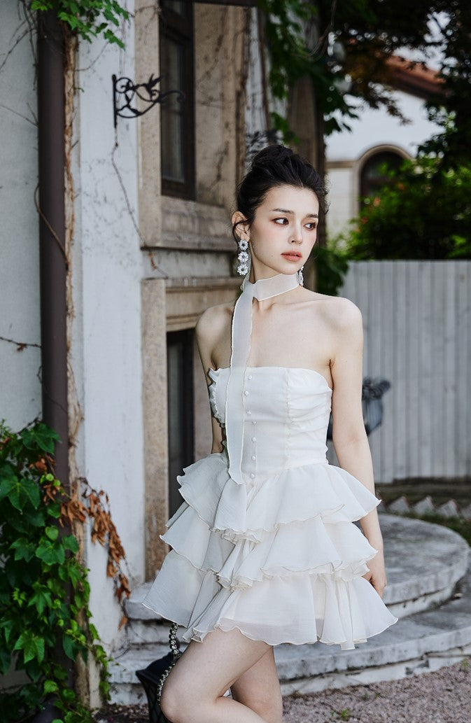 DOLLY Elegant Cream Colored Tube Top Fluffy Ruffle Birthday Dress-ANDORA (V)