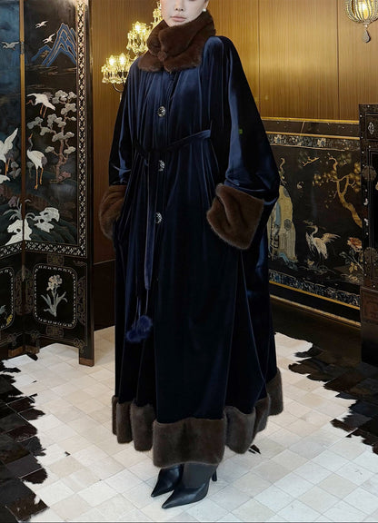 MEI SANGUAN Navy Velvet-Trim 100% Wool Padded Coat- HENRY