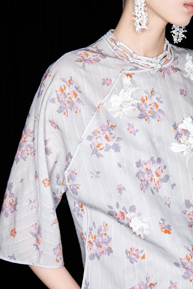 M essential Ma Kay designer Jinghe printed fabric floral nail beads top - JULY.