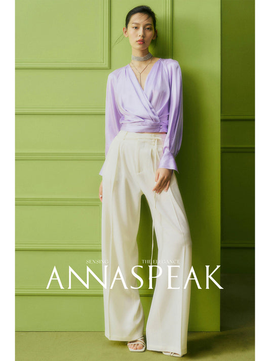 AnnaSpeak Luxury Plain Purple V-Neck Long Sleeve Loose French Style Shirt-Silk