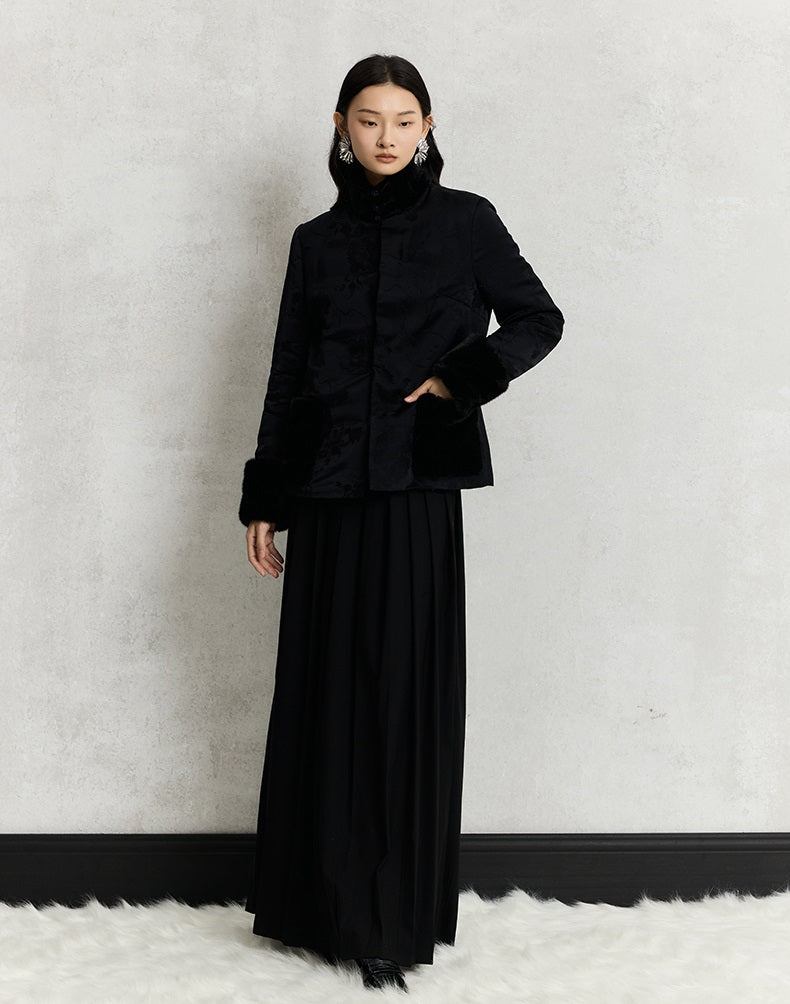 HECO 100% viscose High Neck Fur Collar red black Cotton Suit Women - entity.