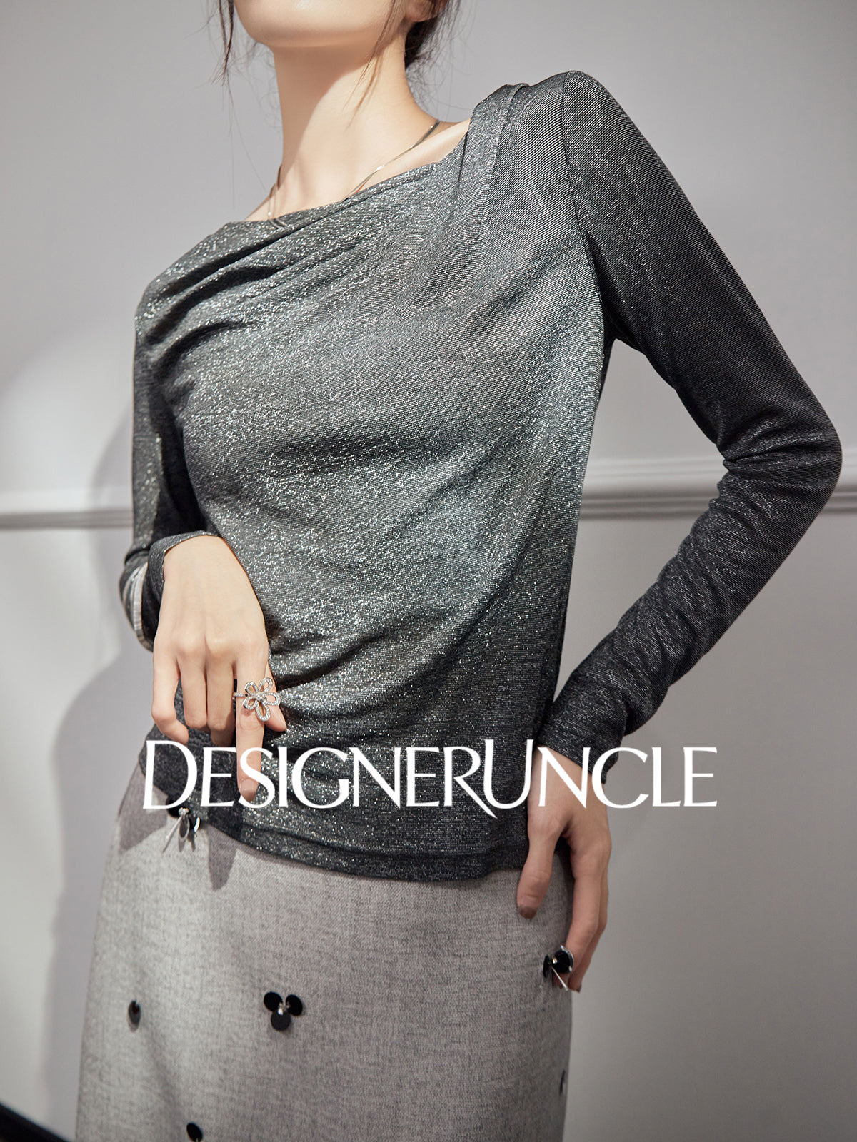 DGU "Ink Realm" gray long-sleeved loose commuting slimming and versatile high-end top - YAN.
