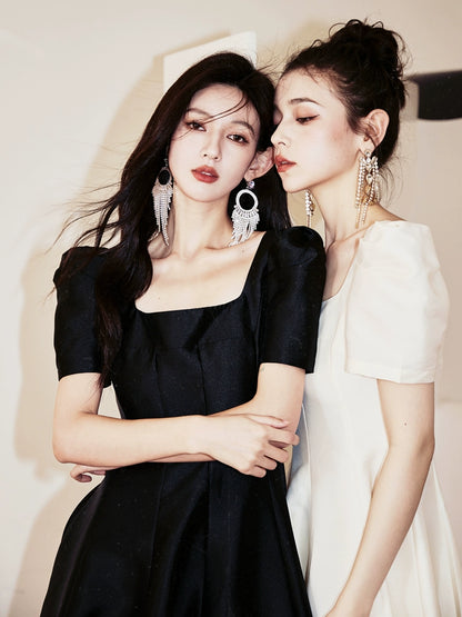 DOLLY Elegant Retro Square Neck Short Puff Sleeve Satin Long A-Line Dress-BAMBI