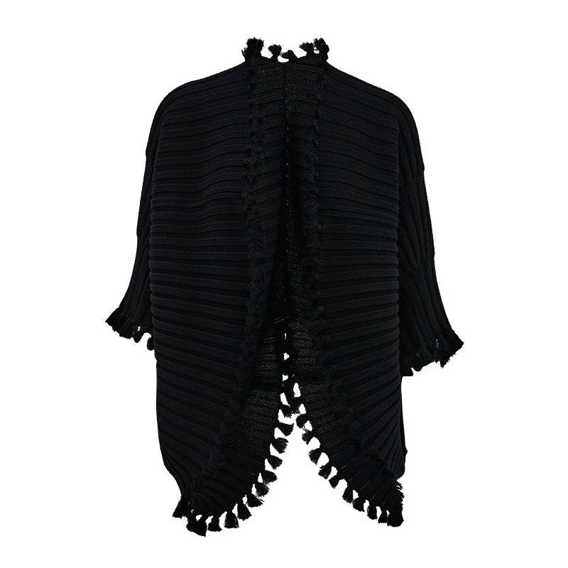 ZHUCHONGYUN black knot tassel sheep wool knit cardigan jacket-DOMEL.