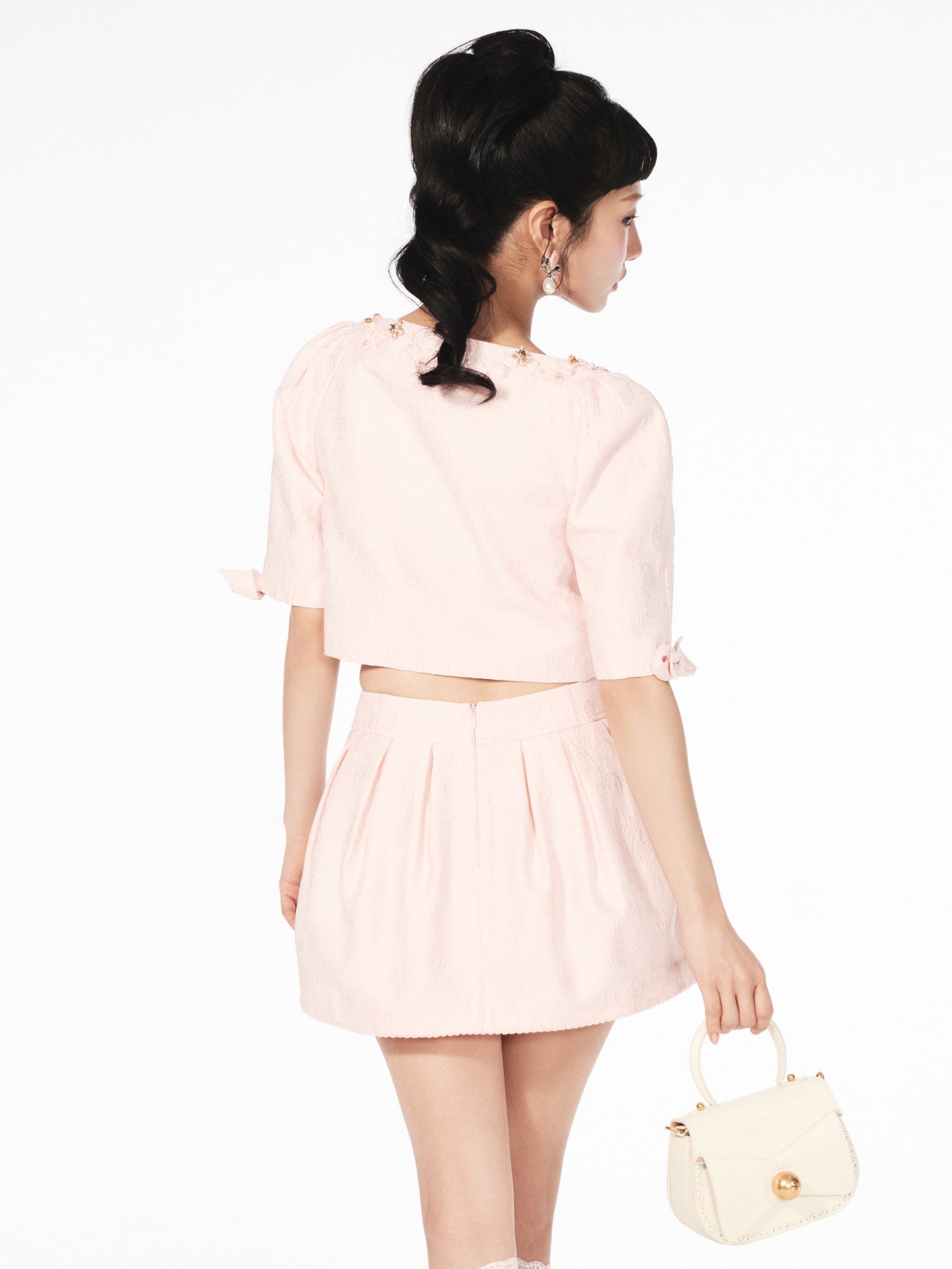 FAME beaded jacquard short-sleeved jacket cropped top - ZOE
