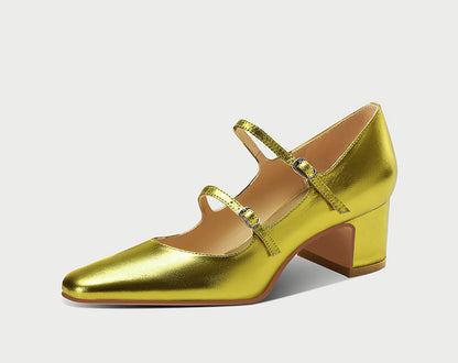 Pjjuu yellow gold double strap block heel MaryJane Pumps - Musa