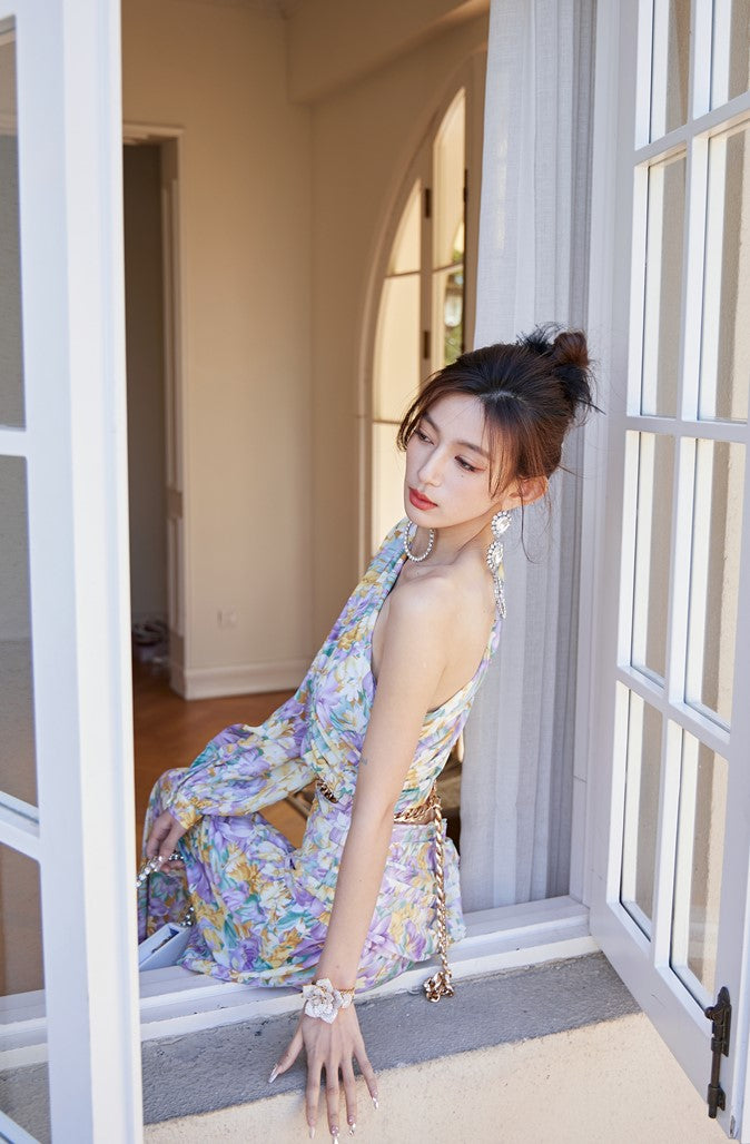 DOLLY Luxury French Style Floral One Sleeve Off Shoulder Waist Baring Slit Resort Dress-LYRA
