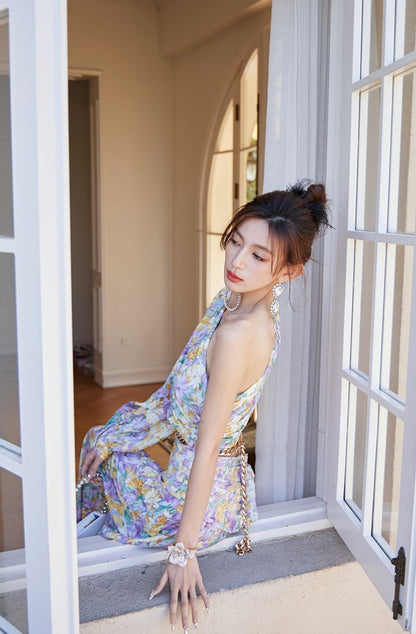 DOLLY Luxury French Style Floral One Sleeve Off Shoulder Waist Baring Slit Resort Dress-LYRA