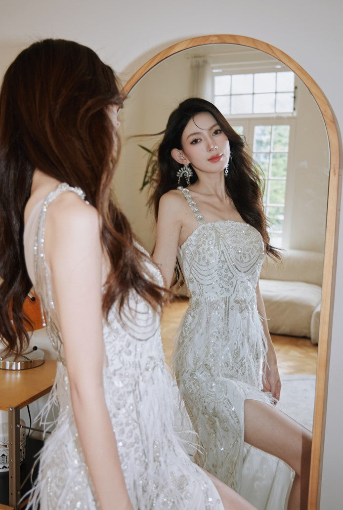 DOLLY Luxury White French Style Sleeveless Sequin Embroidered Long Slit Party Dress-Dalia