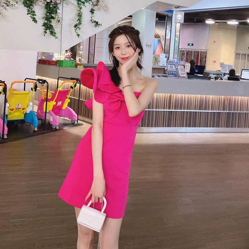 DOLLY Luxury Slant Collar Sleeveless Big Bow Ruffle Short Birthday Dress-MAYE