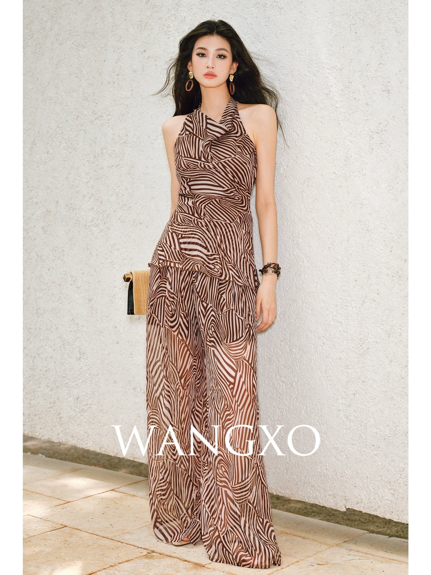 WANGXO Shaved Shoulders Waisted Top & Flowing Wide-Leg Pants -MIRA