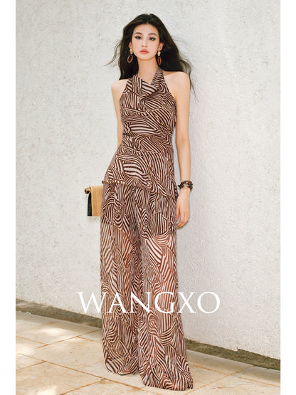 WANGXO Shaved Shoulders Waisted Top & Flowing Wide-Leg Pants -MIRA
