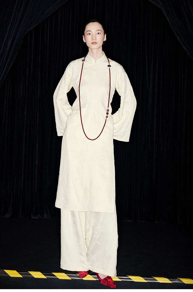 M essential Mackay designer jade carved jacquard bell sleeves cheongsam dress pant set - greg.