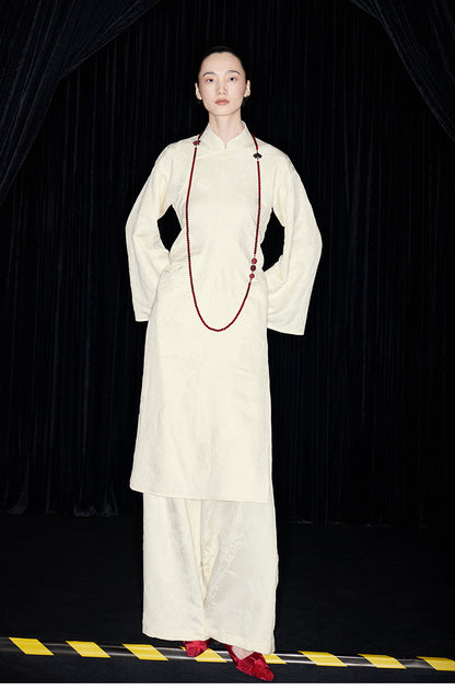 M essential Mackay designer jade carved jacquard bell sleeves cheongsam dress pant set - greg.