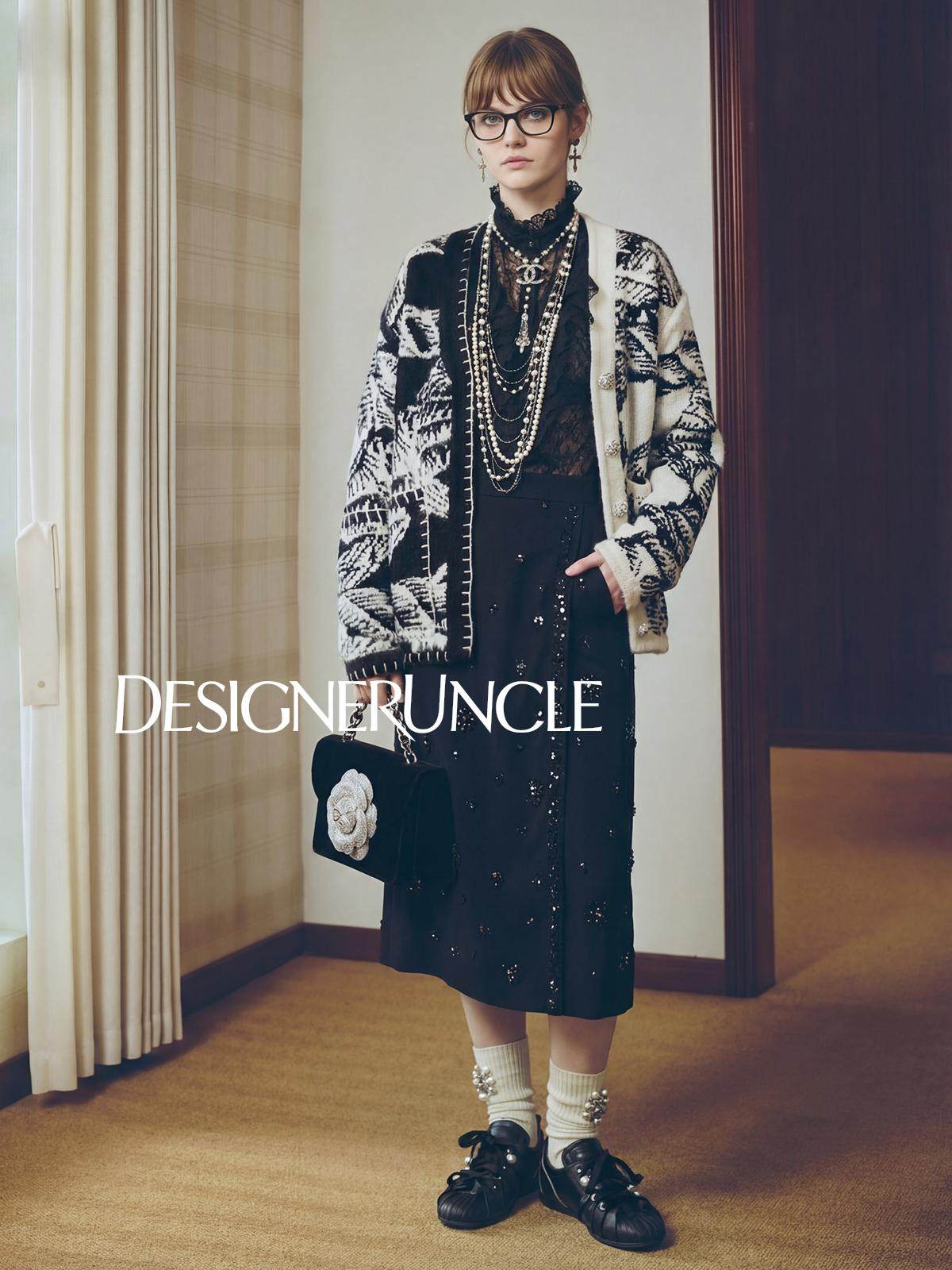 DGU×LAB\ Black Knitted Loose Jacquard V-Neck Stitched Lazy Knitted Jacket - BORD'