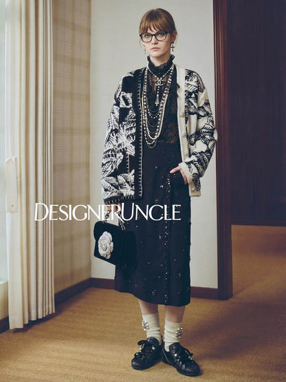DGU×LAB\ Black Knitted Loose Jacquard V-Neck Stitched Lazy Knitted Jacket - BORD'