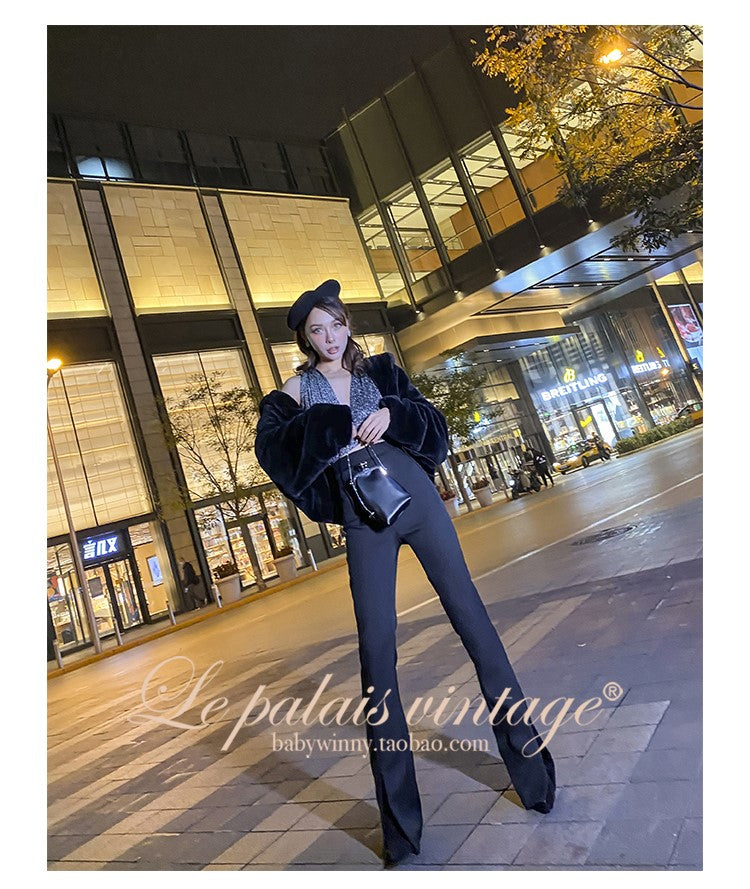 Le Palais Vintage Black Long Sleeves Short Faux Fur Coat and Dinner Skirt Suit-Selena.