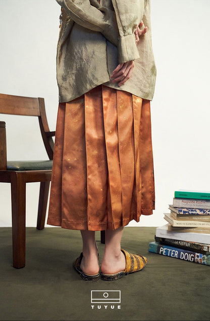 TUYUE Dunhuang Mural Print Satin Pleated Skirt- ELLA.