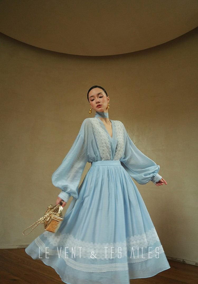 LE VENT&TES AILES pastel blue elegant summer vacation  V-neck shirt skirt set -GWEN