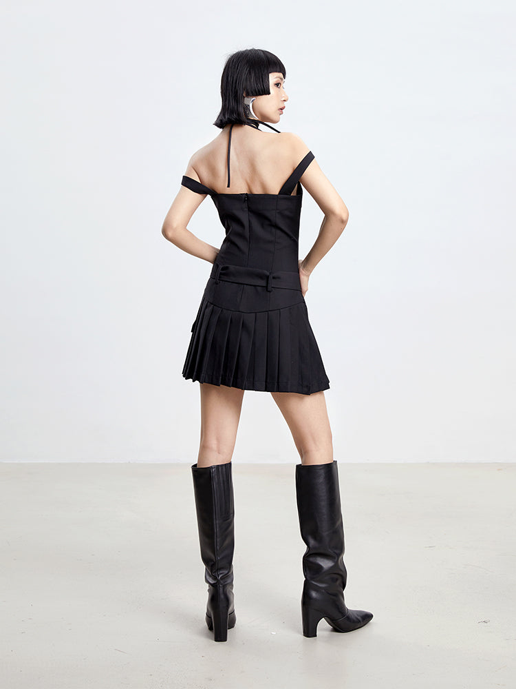 TINY IN women's summer pleated little black slip dress -PIPE