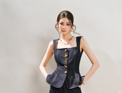 WANGXO | Light-Breathing Tencel Cotton Custom Metal Buckle Vest & Wide-Leg Pants Retro Denim Suit-YARA