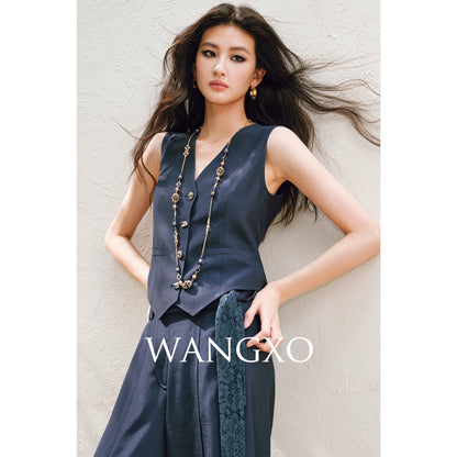 WANGXO |V-Neck Vest & Belted Straight Pants Intellectual Suit Set -NÉRA