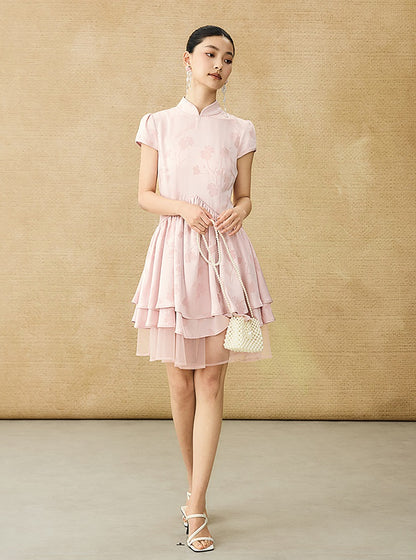 HECO Acetate Jacquard Midi Tiered Cap Sleeves Dress - HEART.