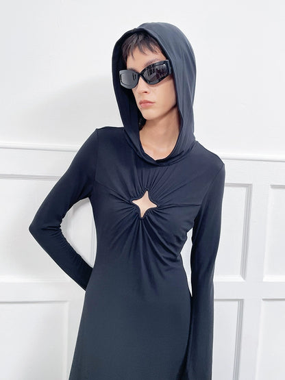 ANNAKIKI Four-pointed star cut-out hooded long-sleeved dress for women-GOU