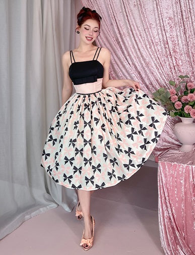 Le Palais  50s classic pink and black contrast bow cinched waist Dress-WENDY
