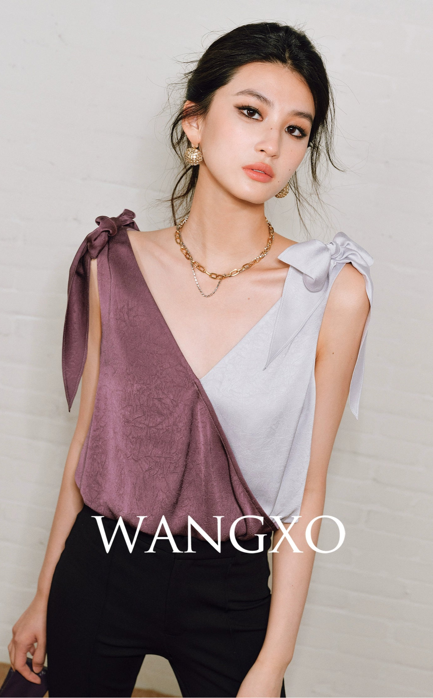 WANGXO | Satin Crossover V-Neck Dual-Wear Top -VIOLETTA.
