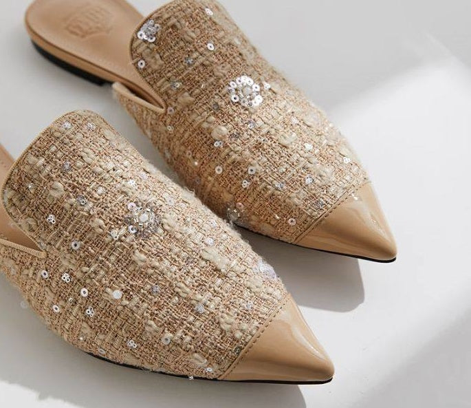 B-FEI couture paneled mules flat pointed toe slippers-YUNO.